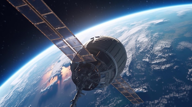 Foto una stazione spaziale in orbita con il pianeta terra visibile sullo sfondo.