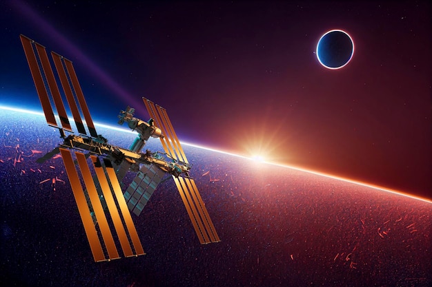 Space station and space ship in the outer space elements of\
this image furnished by nasa 3d rendering