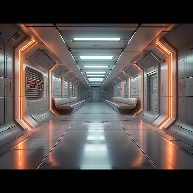 Photo space station or spaceship scifi style corridor or room ultra modern scifi design