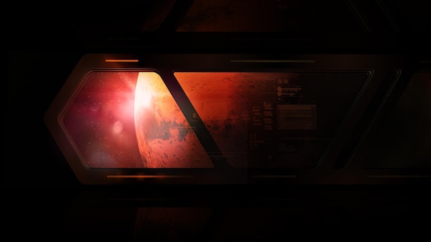 Space station window overlooking planet mars and virtual data