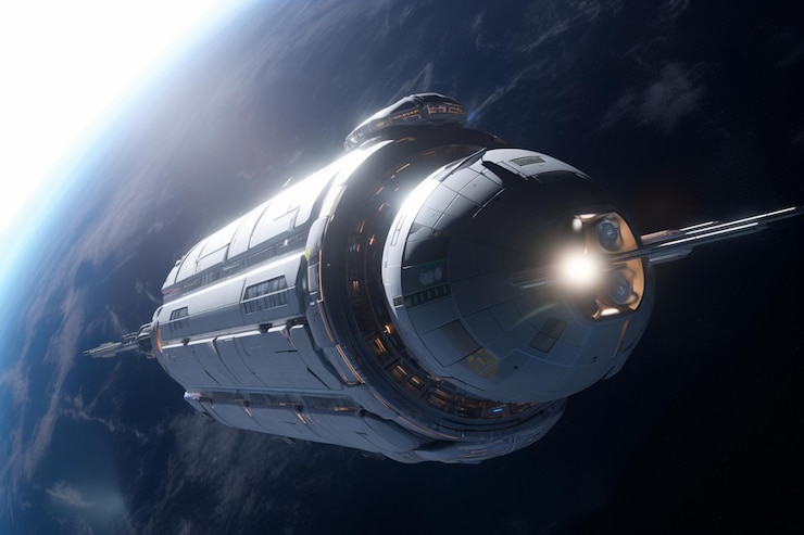 Photo スペースという言葉が横にある宇宙ステーション