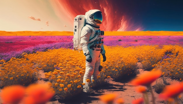 A space suit in a field of flowers