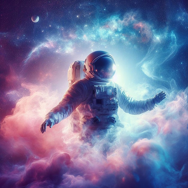 Photo space suit inside softly glowing pink and blue galactic cloud peaceful galaxy astronaut