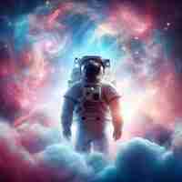 Photo space suit inside softly glowing pink and blue galactic cloud peaceful galaxy astronaut