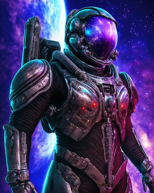 A space suit with a purple and blue background.