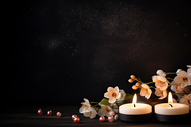 Photo space for text with candles and flowers on black background funerary representation