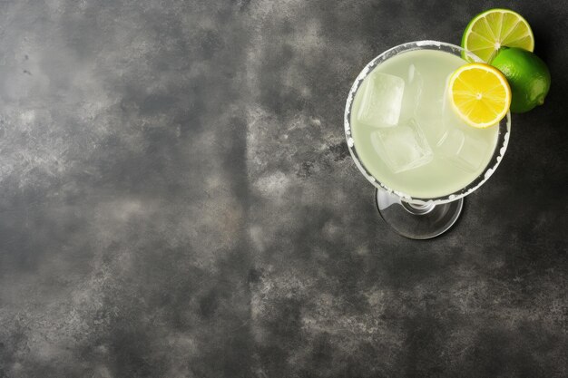 Photo space for text with top view of margarita cocktail on dark stone table