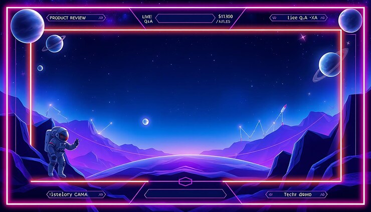 Photo space theme layout screen for a tech reviewer with dark blues and creative game interface p