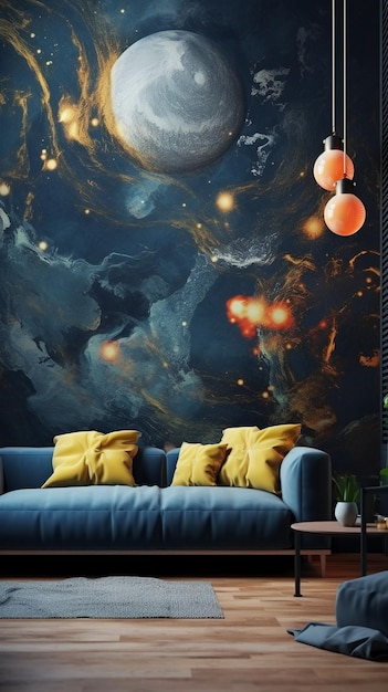 A space themed wallpaper with a blue couch and a blue couch.