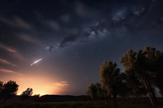 空に火花を散らしながら流星群を通過する宇宙観光飛行