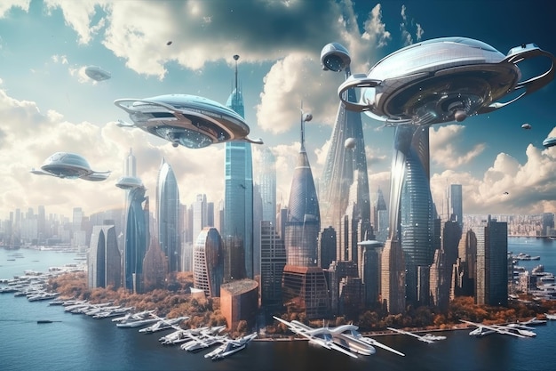 Space tourism in a futuristic city with towering skyscrapers and flying cars