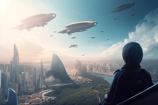 空飛ぶ車やハイテク建築物のある未来の都市を眺める宇宙旅行者