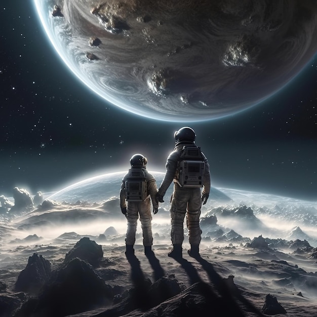 космические путешественники держатся за руки, пока земля вращается на заднем плане