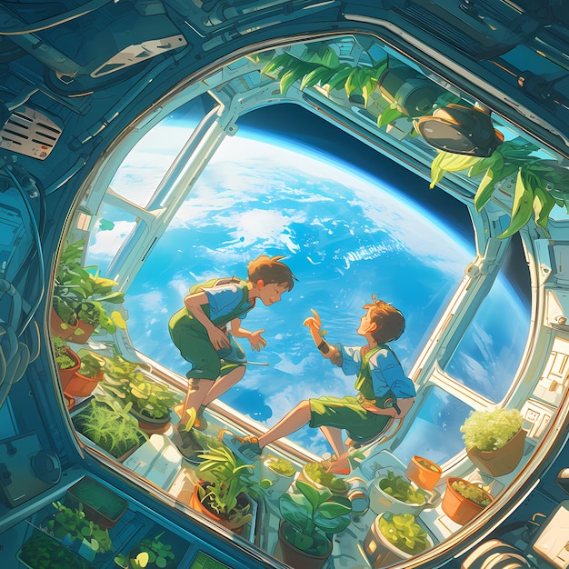 Space Travelers in Plantfilled Cabin