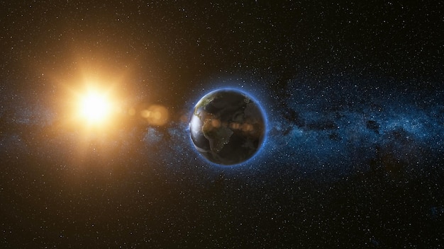 写真 惑星地球と太陽の星の宇宙ビューは、その軸を中心に黒い宇宙の天の川で回転しています。