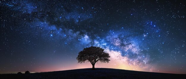 写真 宇宙の壁紙 夜空を背景に 孤独な木のシルエット