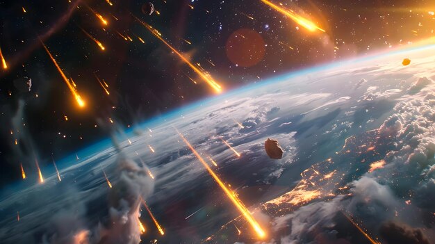 Space War Scene Meteors Flying Over Earth
