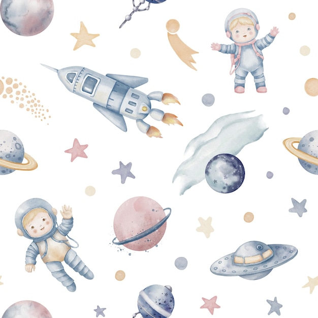 Foto set di acquerelli spaziali illustrazioni con pianeti cosmici cosmonauti e navi spaziali per biglietti di auguri per la doccia per bambini o inviti di compleanno infantili in colori blu pastello e rosa disegno carino per bambini