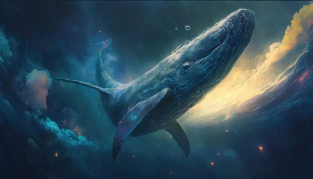 宇宙空間のクジラ神のような生き物宇宙の畏敬の念を抱かせる夢のようなデジタルイラストジェネレーティブai