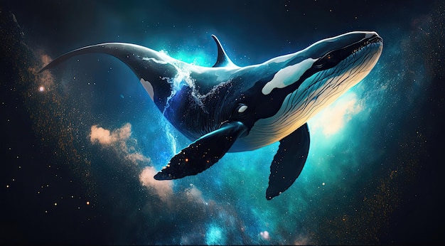 宇宙空間のクジラ神のような生き物宇宙の畏敬の念を抱かせる夢のようなデジタルイラストジェネレーティブai