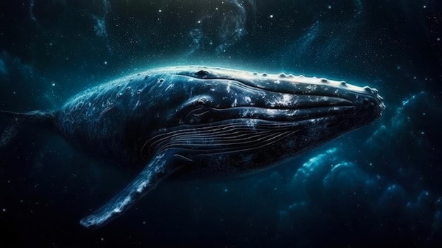 Space whale swimming through the universe the idea of a fantastic illustration of a cetacean traveling in space through the worlds Illustration generative AI