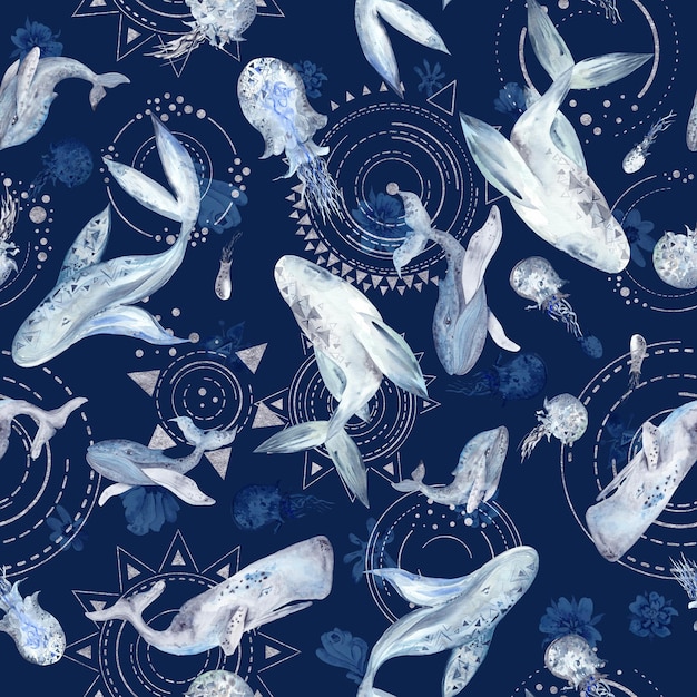 Premium Photo | Space whale watercolor pattern on blue background