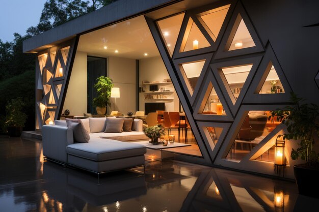 写真 最小限の家具のインスピレーションのアイデアを備えた幾何学的な形の壁のある空間