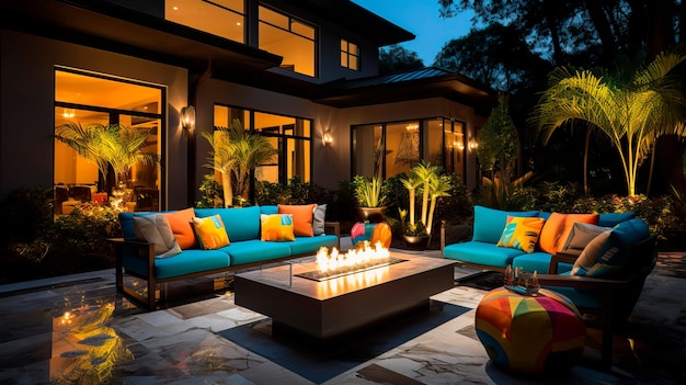 space with a modern fire table as the centerpiece complemented by comfortable seating and vibrant throw pillows