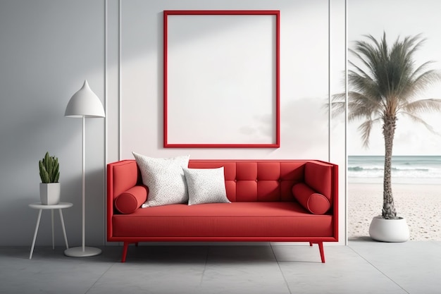 A space with a white wall and a red sofa seaside style Interior and frame mockups Square frame on the wall