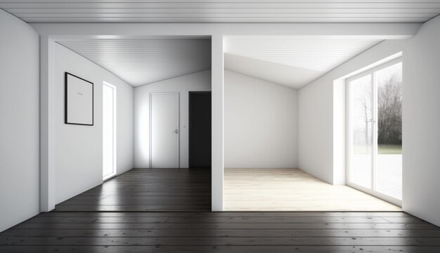 Foto uno spazio con pareti bianche e pavimento in legno a 45 gradi generative ai normale