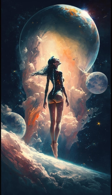 In the space Woman with long legs is outdoors Beautiful illustration picture Generative AI