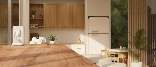 A space on a wooden kitchen tabletop in a cozy minimalist kitchen with modern kitchen appliances