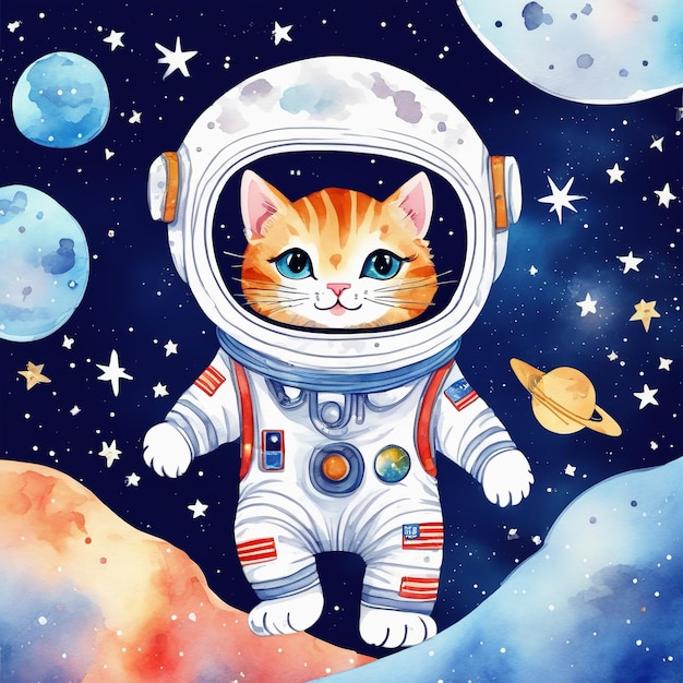 SpaceCat on the moon Watercolor hand painted isolated illustration