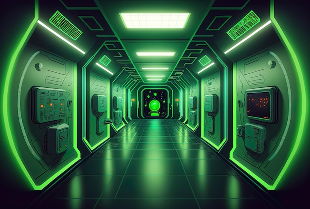 Of a spacecraft corridor with a neon lighting green background and science fiction imagery