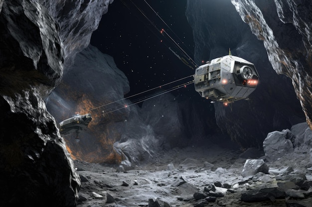Космический корабль развертывает добывающие дроны на астероиде