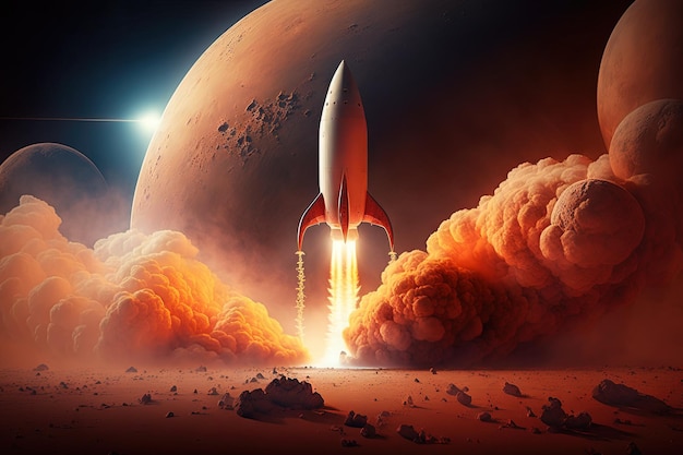 Spacecraft launch into orbit The Mars rocket takes off planet in red Mars in orbit