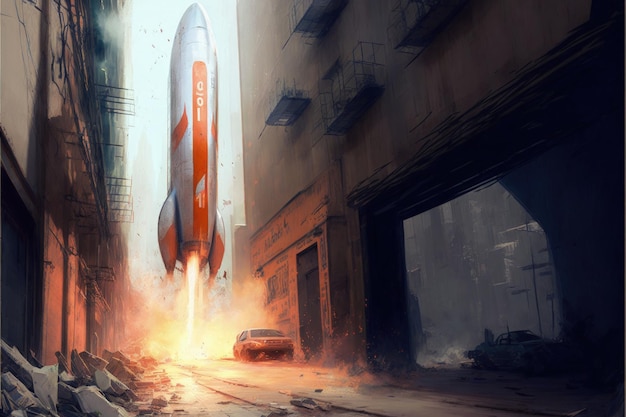 Spacecraft launching from a deserted city scifi illustration Fantasy concept Illustration painting Generative AI