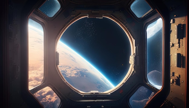 Цифровая художественная иллюстрация окна космического корабля Generative AI