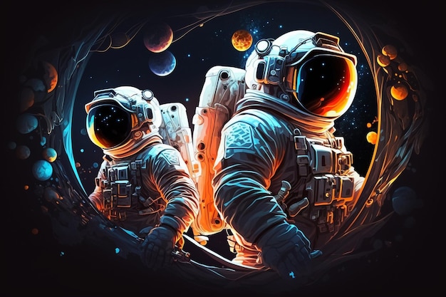 Spaceman Among Planets Een conceptuele illustratie van het bereik van de mensheid in de sterren Generatieve Ai