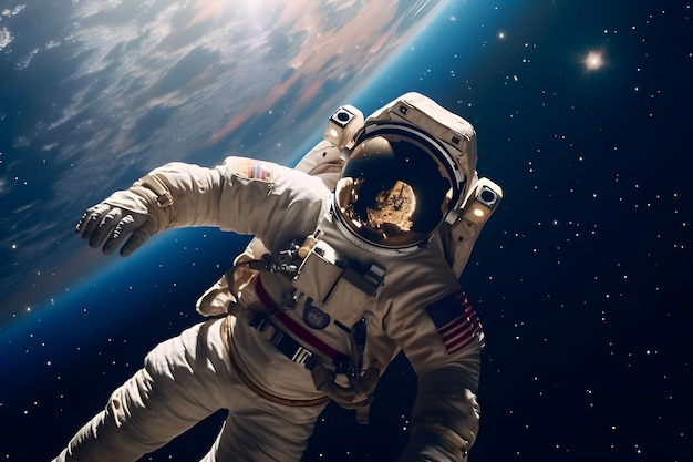 A spaceman or astronaut floating in the space with background of earth