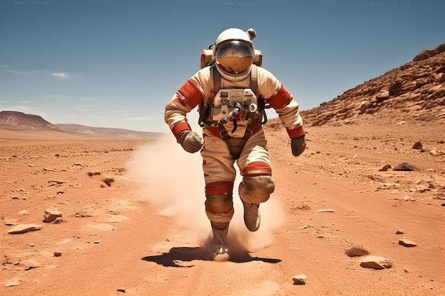 Spaceman or astronaut running on the mars