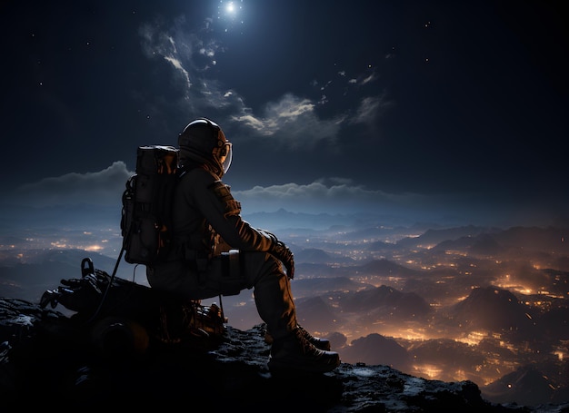 A spaceman or astronaut sitting on the moon