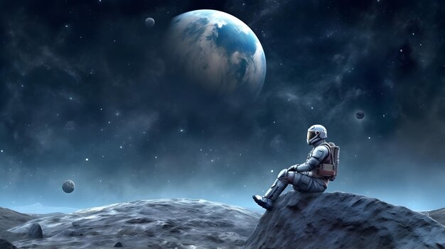 Космик или астронавт сидят на скале на Луне