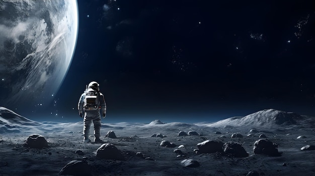 Spaceman or astronaut on the surface of moon AI generated