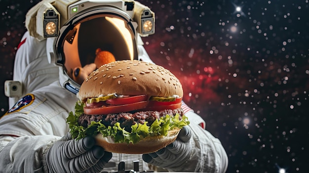 Spaceman holding in gloves a delicious hamburger in open space background