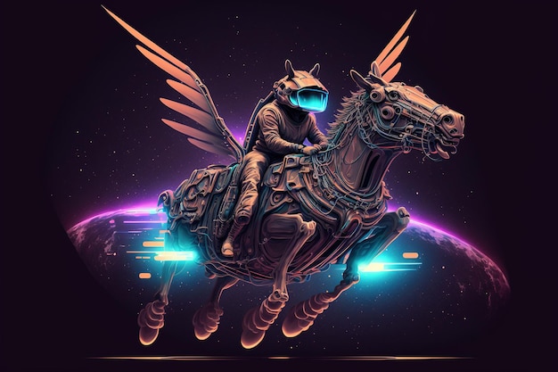 어두운 배경 디지털 아트 스타일 그림 그림에 말을 타고 날개를 가진 우주 비행사의 말 Scifi 개념에 우주인
