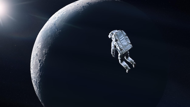 宇宙飛行士は月の背景の宇宙空間を飛んでいますnasaによって提供されたこの画像の要素