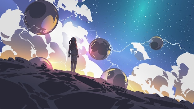 Photo spaceman looking at the huge spheres floating in the air digital art style illustration painting