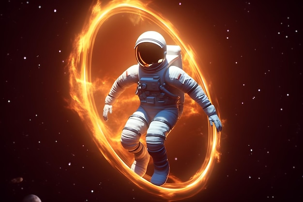 Spaceman of astronaut omringd door cirkelvormig licht AI gegenereerd