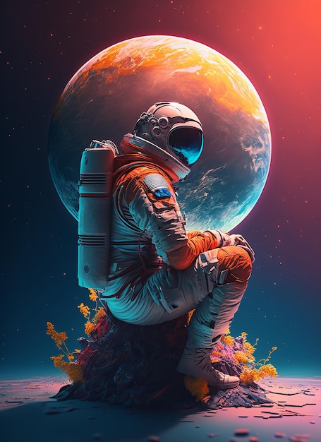 Premium Photo  A spaceman sits on a rock with a planet in the background.